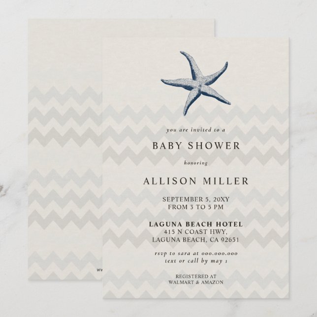 Navy Starfish Beach Ocean Theme Baby Shower Invitation (Front/Back)