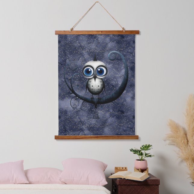 Navy Starry Night Abstract Nightbird Moon Sitting Hanging Tapestry (Bedroom)