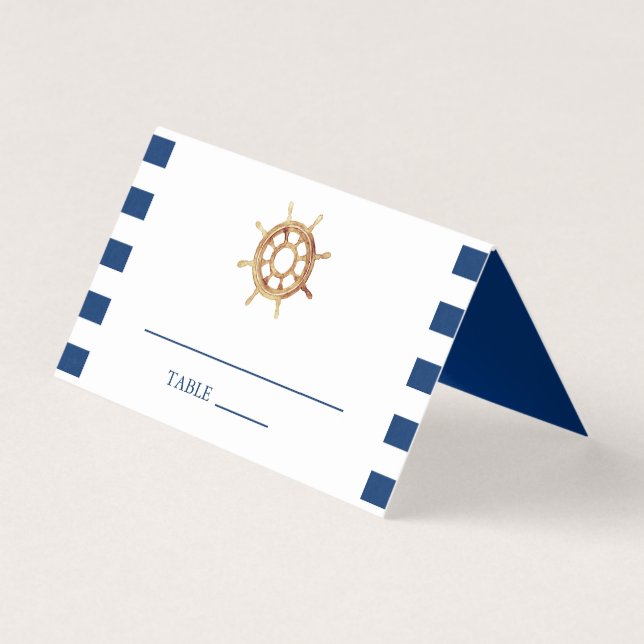 Navy Steering Wheel Nautical Wedding Place Card (Front)