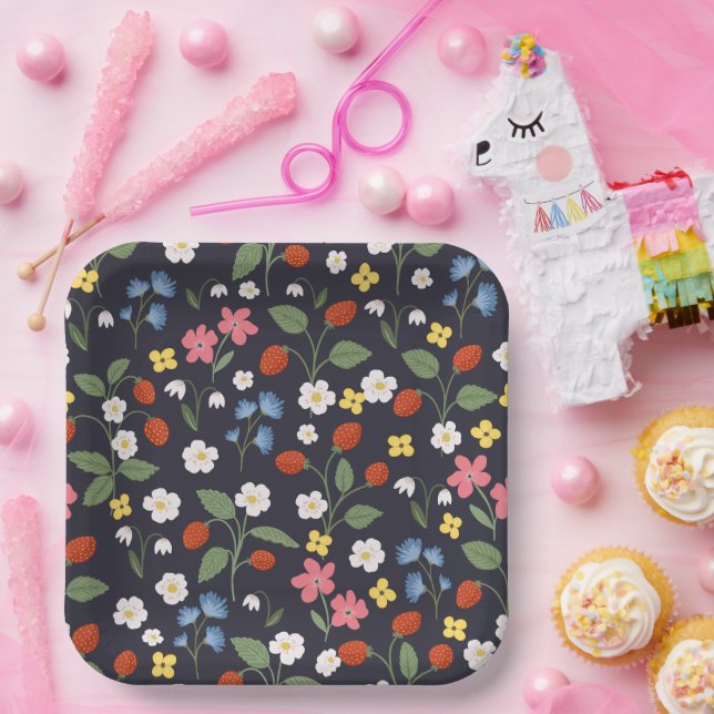 Navy Strawberry birthday Paper Plate (Party)