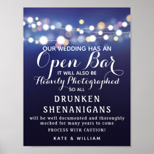 Navy String of lights Open Bar wedding sign