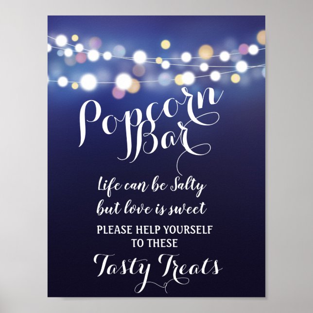Navy String of lights Popcorn Bar wedding sign (Front)