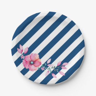 Navy Stripe and Pink Floral Paper Plate