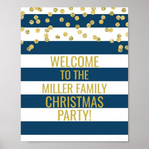 Navy Stripe Gold Confetti Welcome Christmas Party Poster