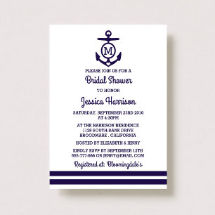 Navy Stripe Monogram Anchor Nautical Bridal Shower Invitation
