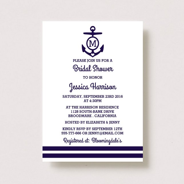Navy Stripe Monogram Anchor Nautical Bridal Shower Invitation (Creator Uploaded)