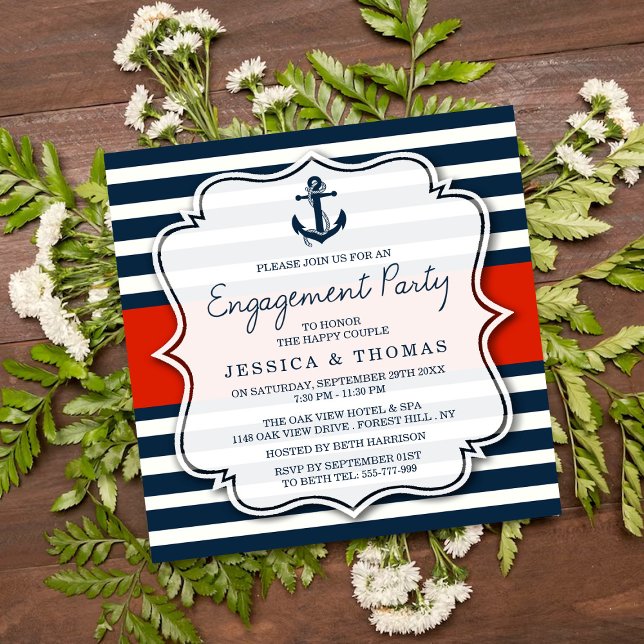 Navy Stripe Nautical Anchor Engagement Party Invitation (Creator Uploaded)