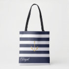 Navy Stripe Nautical Anchor Personalised Tote Bag