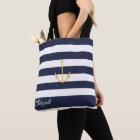 Navy Stripe Nautical Anchor Personalised Tote Bag