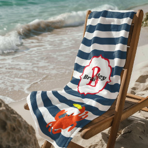 Navy Stripe Nautical Crab Monogrammed Beach Towel