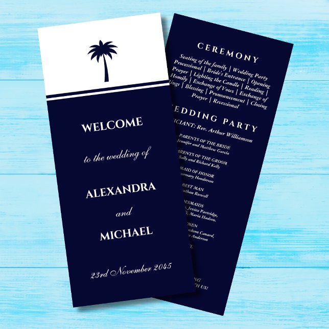 Navy Stripe Palm Tree Minimalist Coastal Wedding Program (Creator Uploaded)