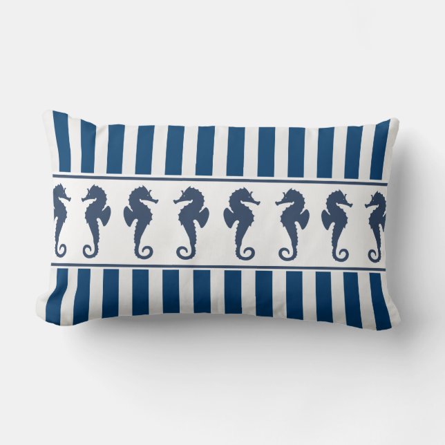 Navy Stripe Pattern and Sea Horses Lumbar Cushion (Front)