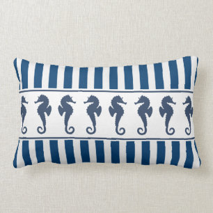 Navy Stripe Pattern and Sea Horses Lumbar Cushion