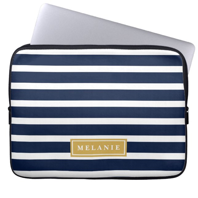 Navy Stripe Pattern Gold Name Template Laptop Sleeve (Front)