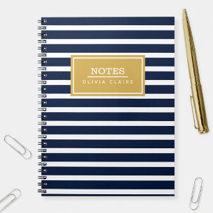 Navy Stripe Pattern Gold Name Template Notebook