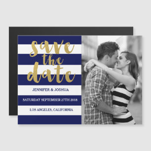 Navy Stripe Photo Save the Date Magnet Invitations