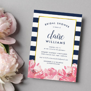 Navy Stripe & Pink Peony Bridal Shower Invitation