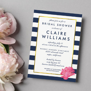 Navy Stripe & Pink Peony Bridal Shower Invitations