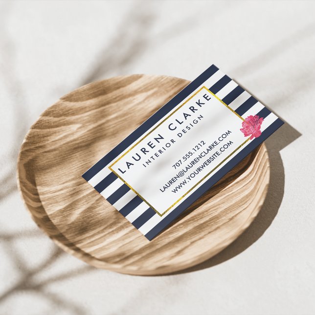 Navy Stripe & Pink Peony Business Cards (Creator Uploaded)