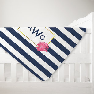 Navy Stripe & Pink Peony Monogram Baby Blanket