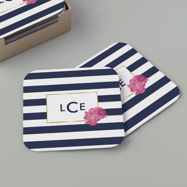 Navy Stripe & Pink Peony Monogram Coasters (Creator Uploaded)