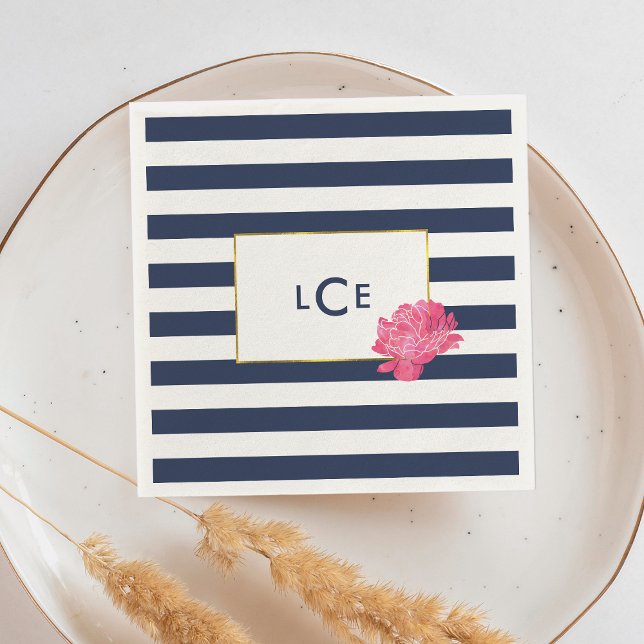 Navy Stripe & Pink Peony Monogram Cocktail Napkins (Creator Uploaded)
