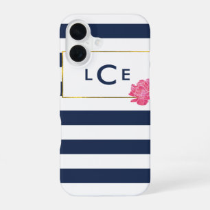 Navy Stripe & Pink Peony Monogram iPhone Case
