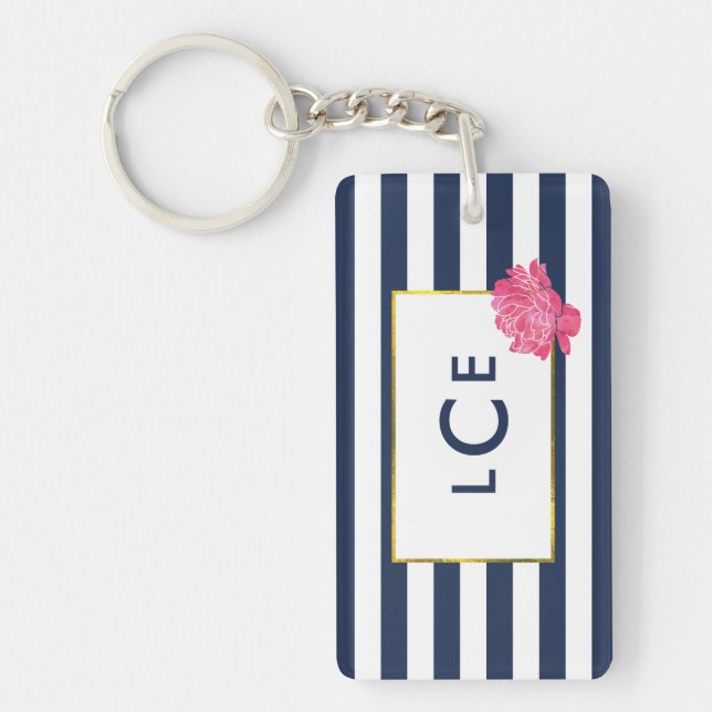 Navy Stripe & Pink Peony Monogram Keychain (Front)