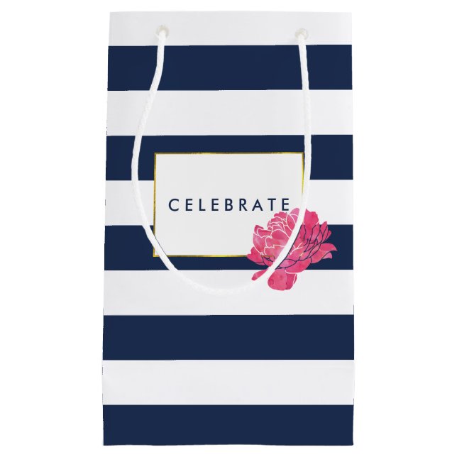 Navy Stripe & Pink Peony Personalised Gift Bags (Front)
