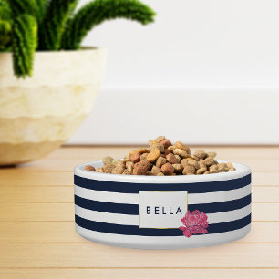 Navy Stripe & Pink Peony Personalised Pet Bowl