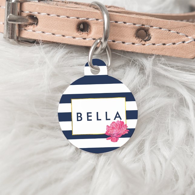 Navy Stripe & Pink Peony Personalised Pet Tag (Creator Uploaded)