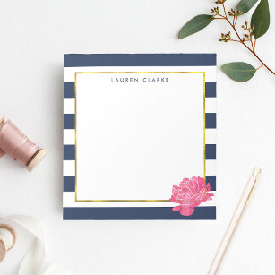 Navy Stripe & Pink Peony Personalized Notepad