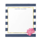 Navy Stripe & Pink Peony Personalized Notepad