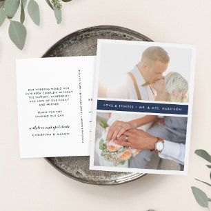 Navy Stripe Wedding Photo Thank You Postcard