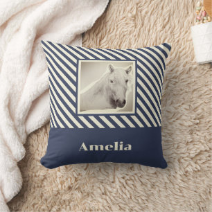 Navy Stripe White Horse Portrait Personalised Cushion