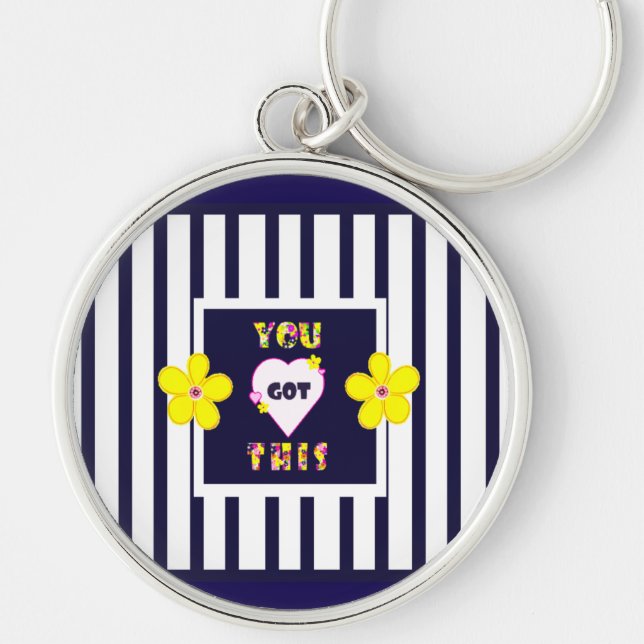 Navy Striped Bright Yellow Art Flower Key Ring (Front)