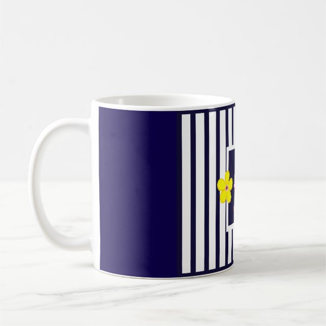 Navy Striped Bright Yellow Flowers Coffee Mug (Left)