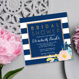 Navy Striped Floral Bridal Shower Invitation
