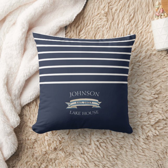 Navy Striped Lake House Anchor Cushion (Blanket)