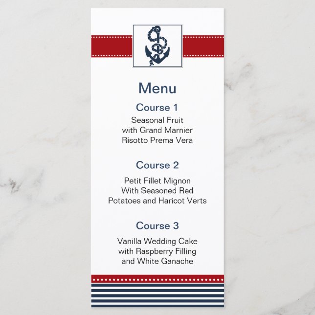 navy stripes, anchor, nautical menu cards (Front)