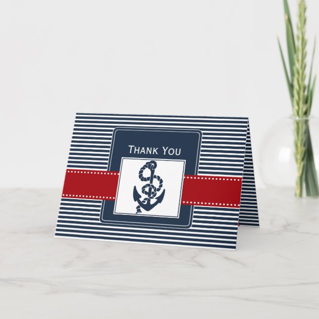 navy stripes, anchor, nautical wedding Thank you (Front)