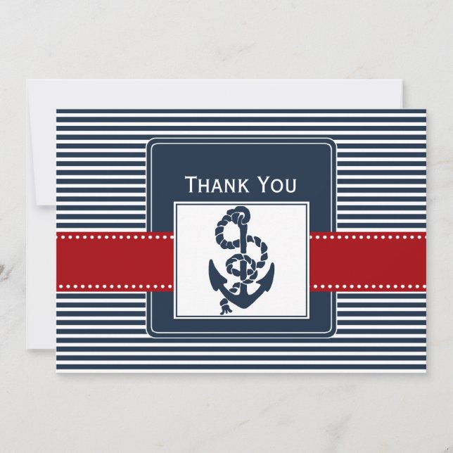 navy stripes, anchor, nautical wedding Thank you Card (Front)
