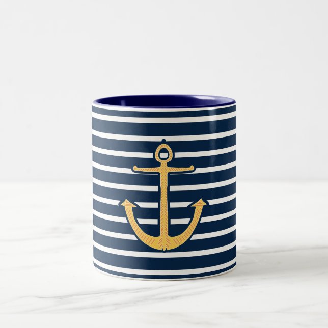 Navy Stripes Anchor Two-Tone Coffee Mug (Center)