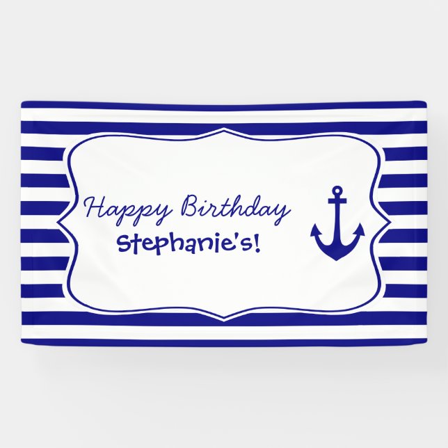 Navy Stripes and Nautical Anchor Birthday Party Banner (Horizontal)