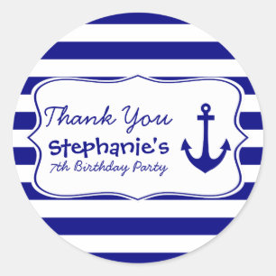 Navy Stripes and Nautical Anchor Birthday Party Classic Round Sticker
