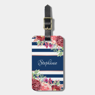 Navy Stripes Burgundy Blush Floral Monogram Luggage Tag