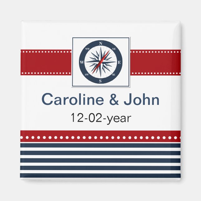 navy stripes, compass, nautical save the date magnet (Front)