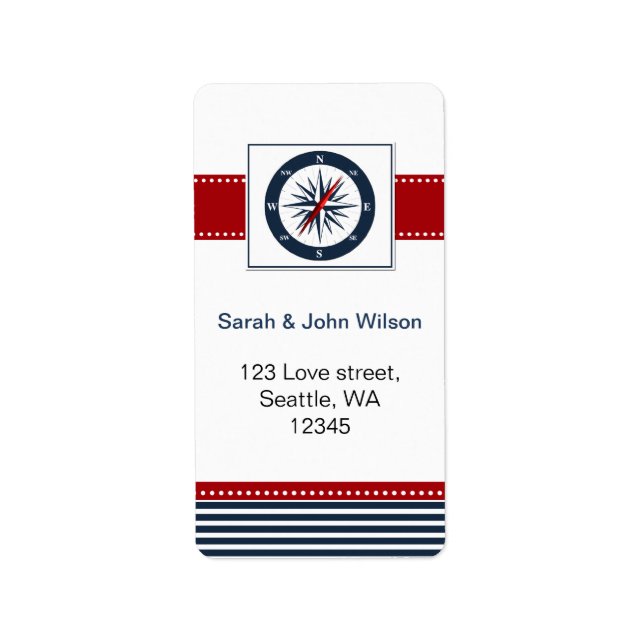 navy stripes,compass, nautical wedding labels (Front)