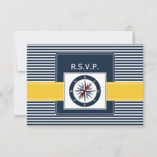 navy stripes,compass nautical wedding rsvp 3.5 x 5 card