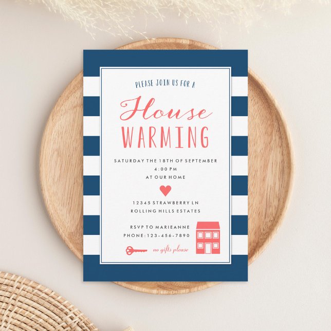 Navy Stripes Coral Housewarming Party Invitation (Creator Uploaded)